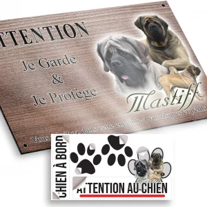 Plaque attention au chien Groupe de Mastiffs avec un fond coloré
