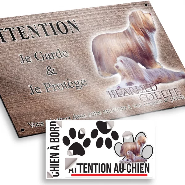Plaque attention au chien Deux Bearded Collies avec un pelage soyeux