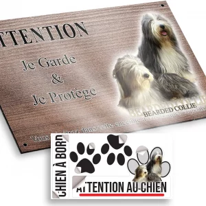 Plaque attention au chien Deux Bearded Collies avec pelage noir et blanc