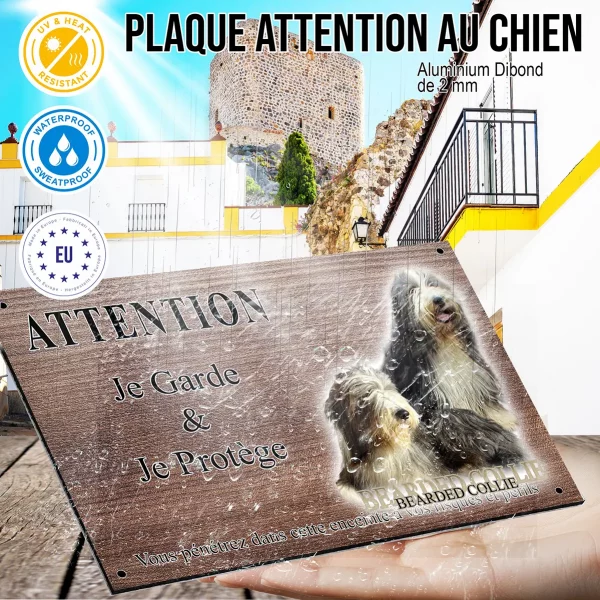 Panneau attention au chien Deux Bearded Collies avec pelage noir et blanc