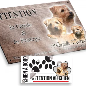 Plaque attention au chien Trois Norfolk Terriers en différents angles