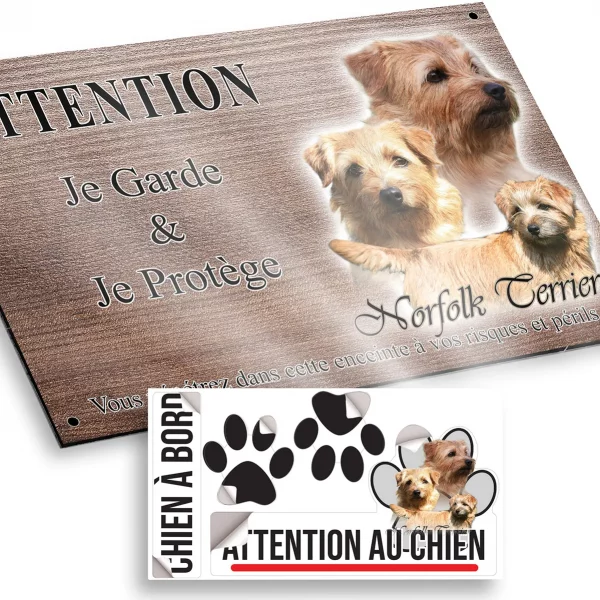 Plaque attention au chien Trois Norfolk Terriers en différents angles