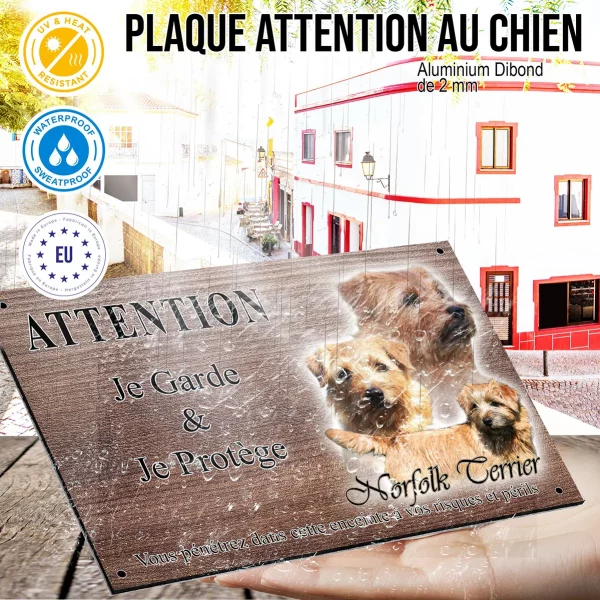Panneau attention au chien Trois Norfolk Terriers en différents angles
