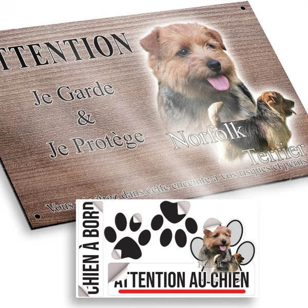 Plaque attention au chien Norfolk Terrier avec un gros plan et un chien entier en profil