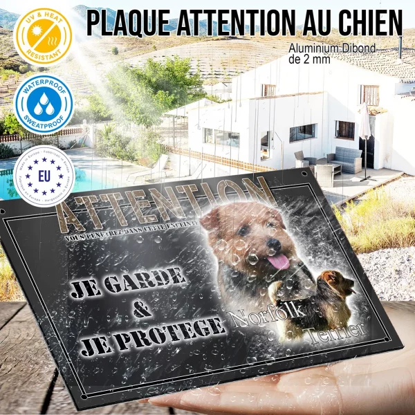 Panneau chien de garde Norfolk Terrier avec un gros plan et un chien entier en profil