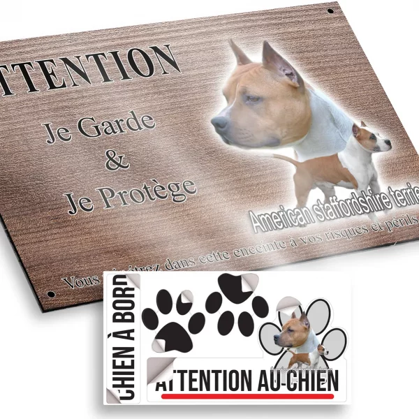 Plaque attention au chien Deux American Staffordshire Terriers