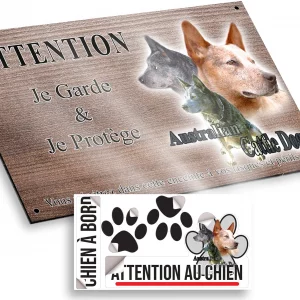 Plaque attention au chien Trois Australian Cattle Dogs avec arrière plan coloré