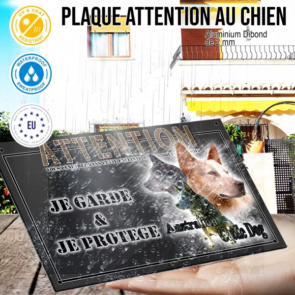 Panneau chien de garde Trois Australian Cattle Dogs avec arrière plan coloré