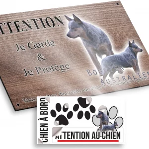 Plaque attention au chien Deux Bouvier Australiens en pose avec le texte Bouvier Australien