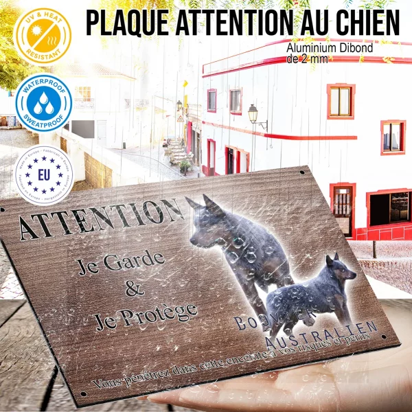 Panneau attention au chien Deux Bouvier Australiens en pose avec le texte Bouvier Australien