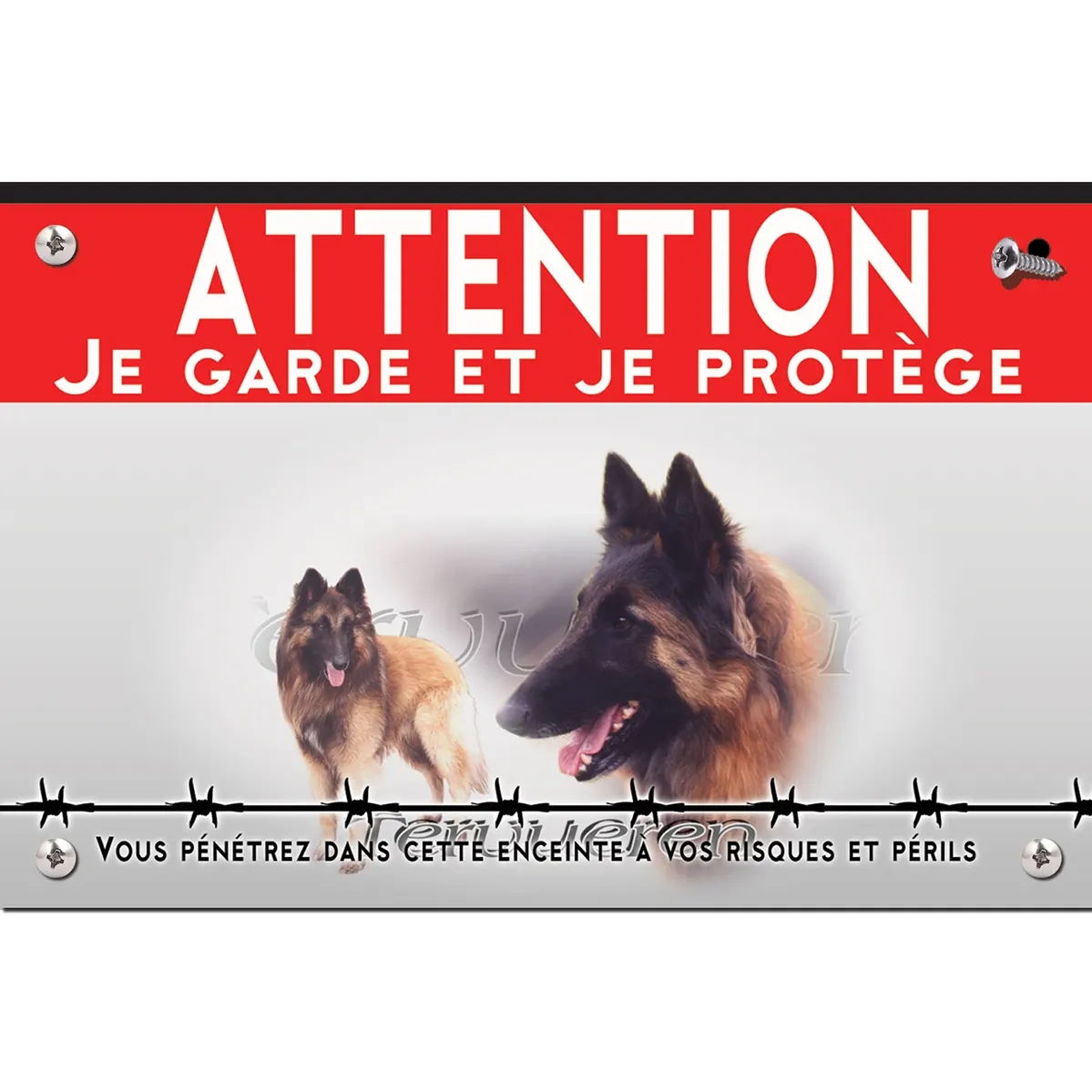 Signalisation personnalisee Chien Tervuren en gros plan et entier dans le fond
