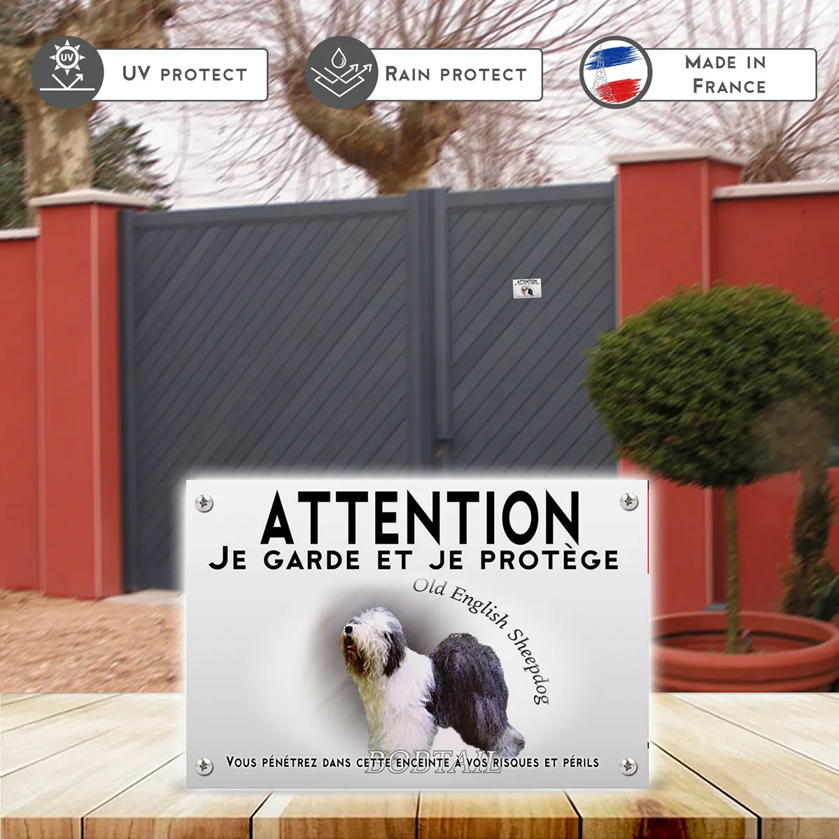 Plaques Image d'un Old English Sheepdog avec écriture