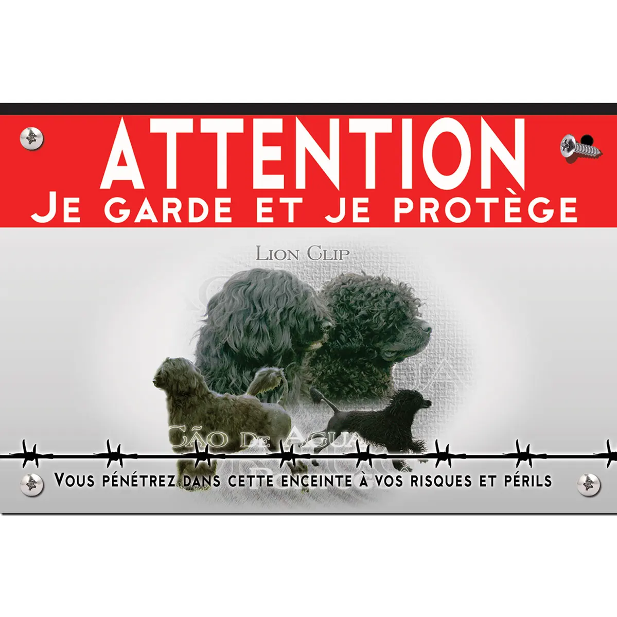 Signalisation personnalisee Cão de Água Português avec deux chiens en arrière plan