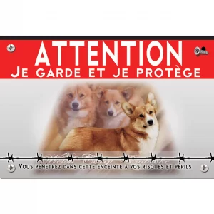 Signalisation personnalisee Deux Welsh Corgis Pembroke et un chien en position couchée.