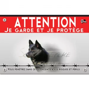 Signalisation personnalisee Profil d'un Schipperke noir sur fond flou