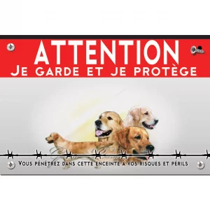 Signalisation personnalisee Trois portraits de Golden Retriever avec un chien en profil.