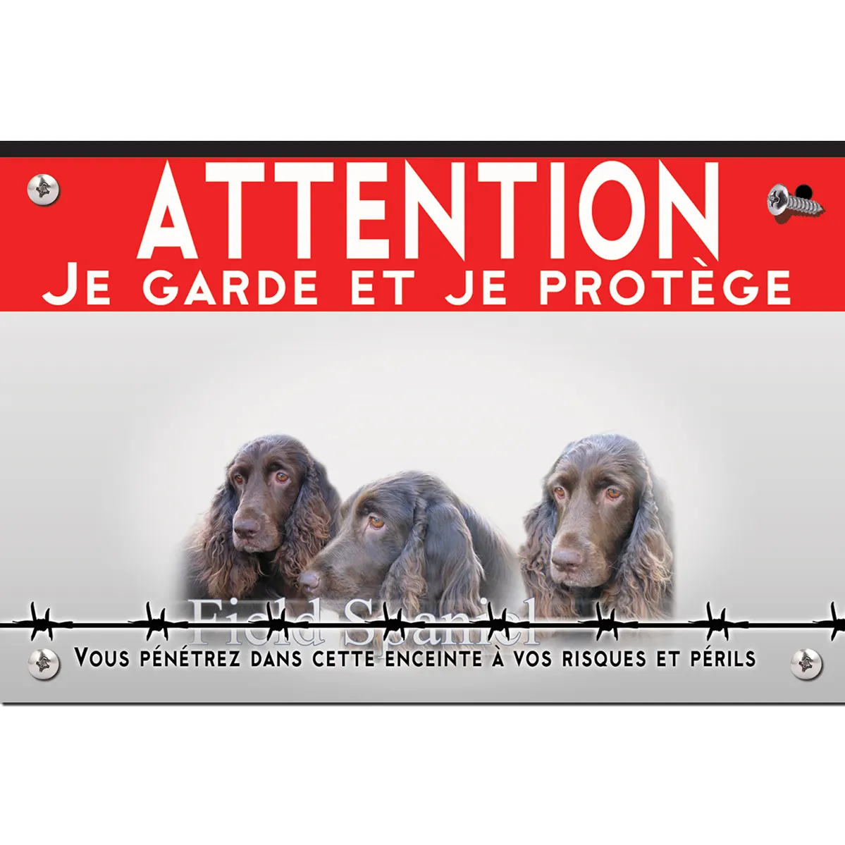 Signalisation personnalisee Trois chiens Field Spaniel avec un fond flou