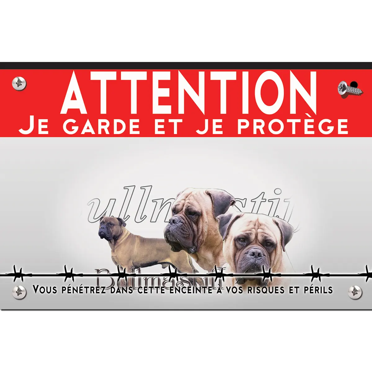 Signalisation personnalisee Trois bullmastiffs en gros plan et un en entier