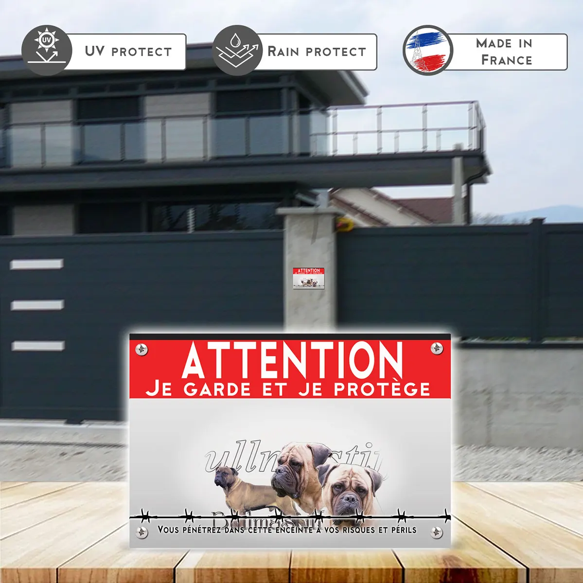 Grande pancarte Trois bullmastiffs en gros plan et un en entier