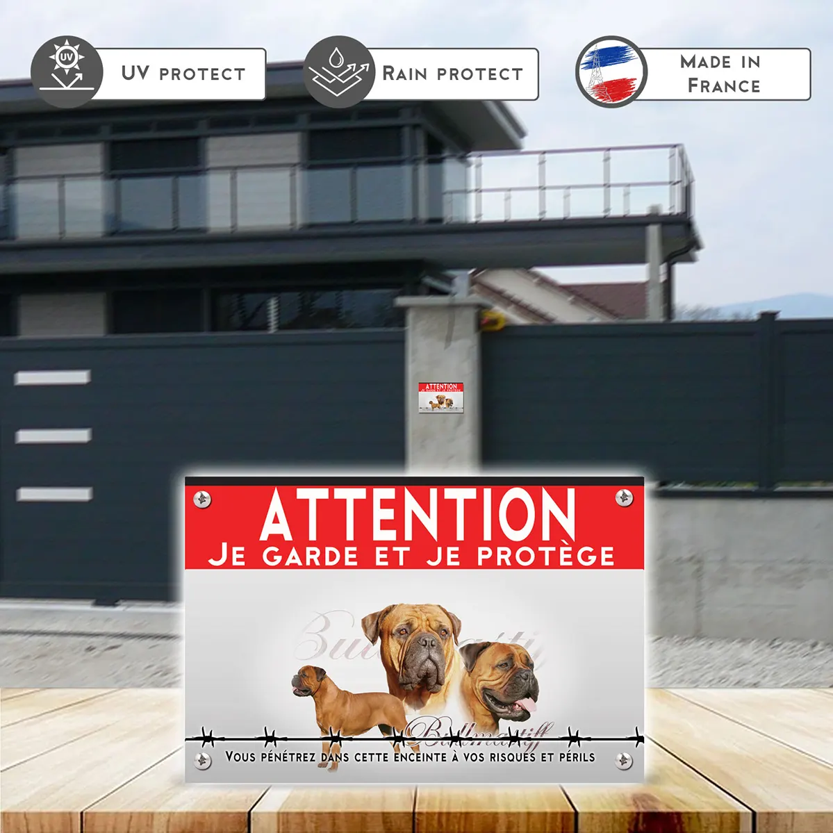 Grande pancarte Bullmastiff avec 3 têtes et un chien entier