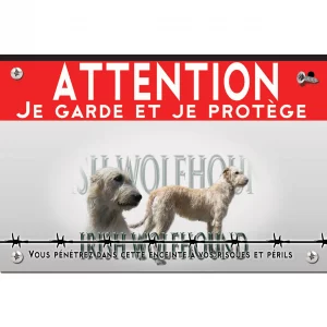 Signalisation personnalisee Irish Wolfhound en profil avec texte descriptif