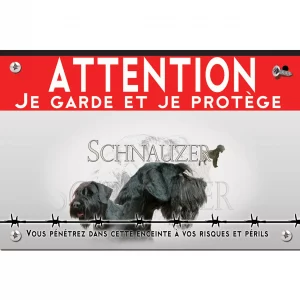 Signalisation personnalisee Trois Schnauzers avec un texte en dessous.