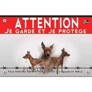 Signalisation personnalisee Trois Pinschers en différentes poses sur fond noir.