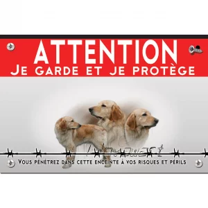 Signalisation personnalisee Trois Golden Retrievers en vue de profil et un texte stylisé.