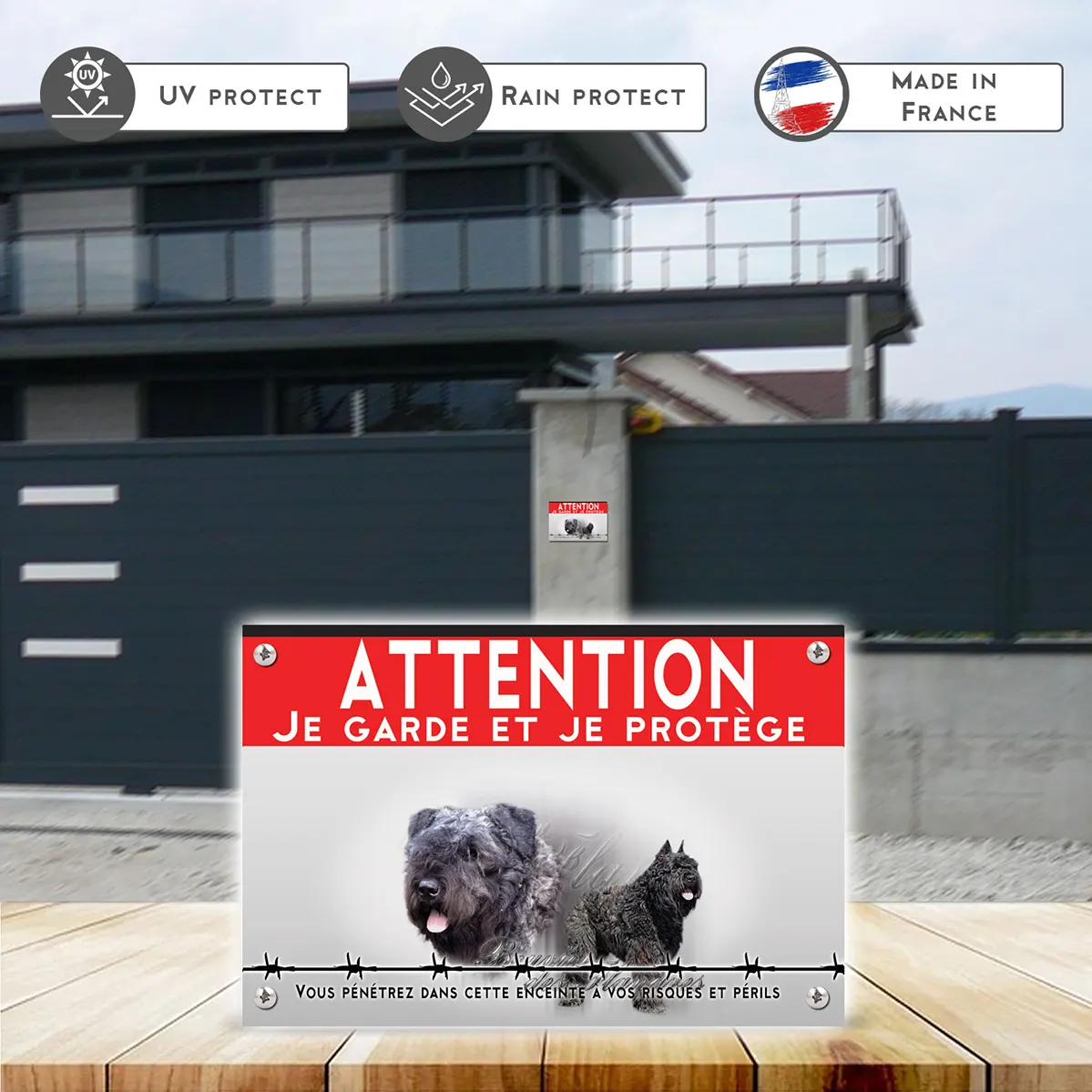 Grande pancarte Bouvier des Flandres avec un fond flou