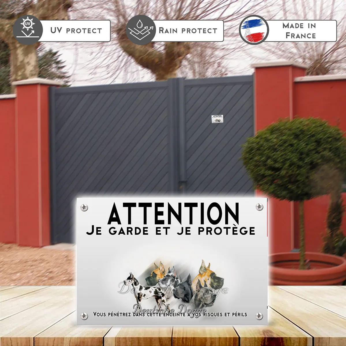 Plaques Illustrations de différentes têtes et un chien entier de Deutsche Dogge.