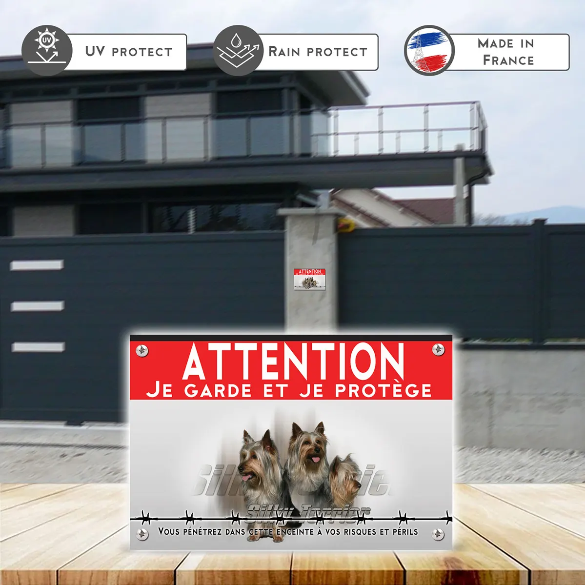 Grande pancarte Trois Silky Terriers avec des sourires joyeux