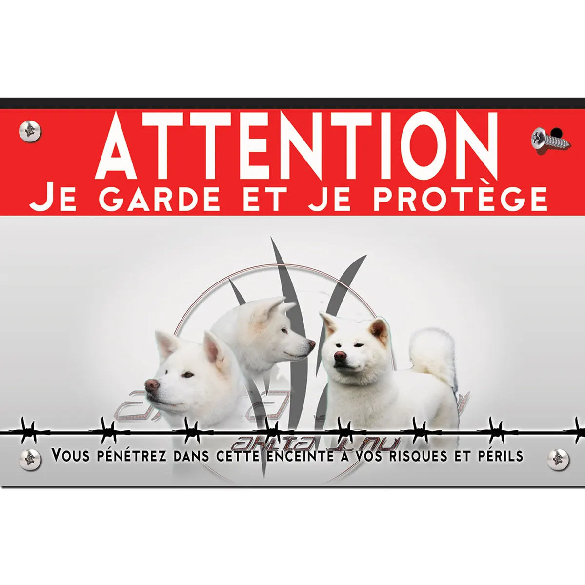 Signalisation personnalisee Trois Akita Inu sur fond stylisé avec texte