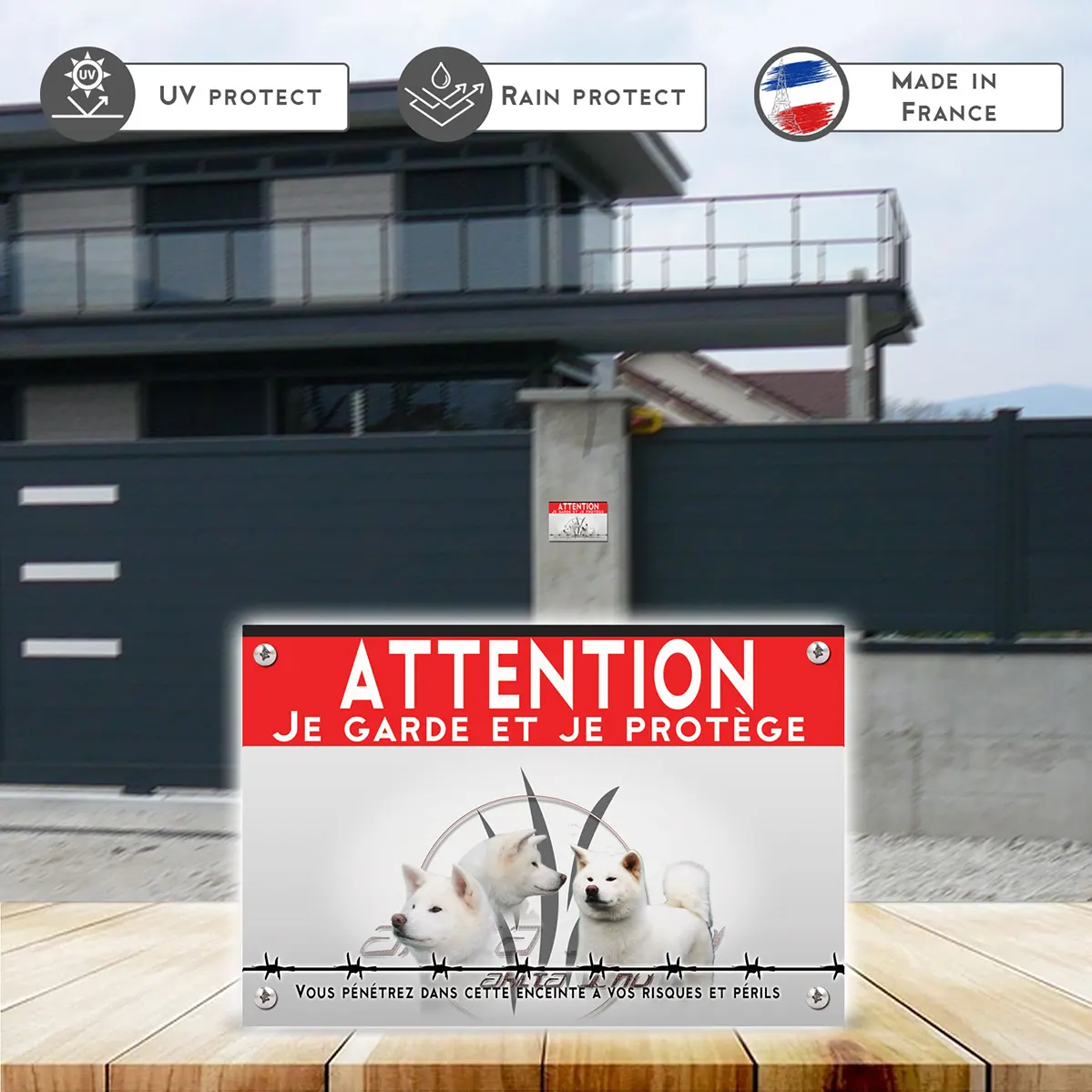 Grande pancarte Trois Akita Inu sur fond stylisé avec texte