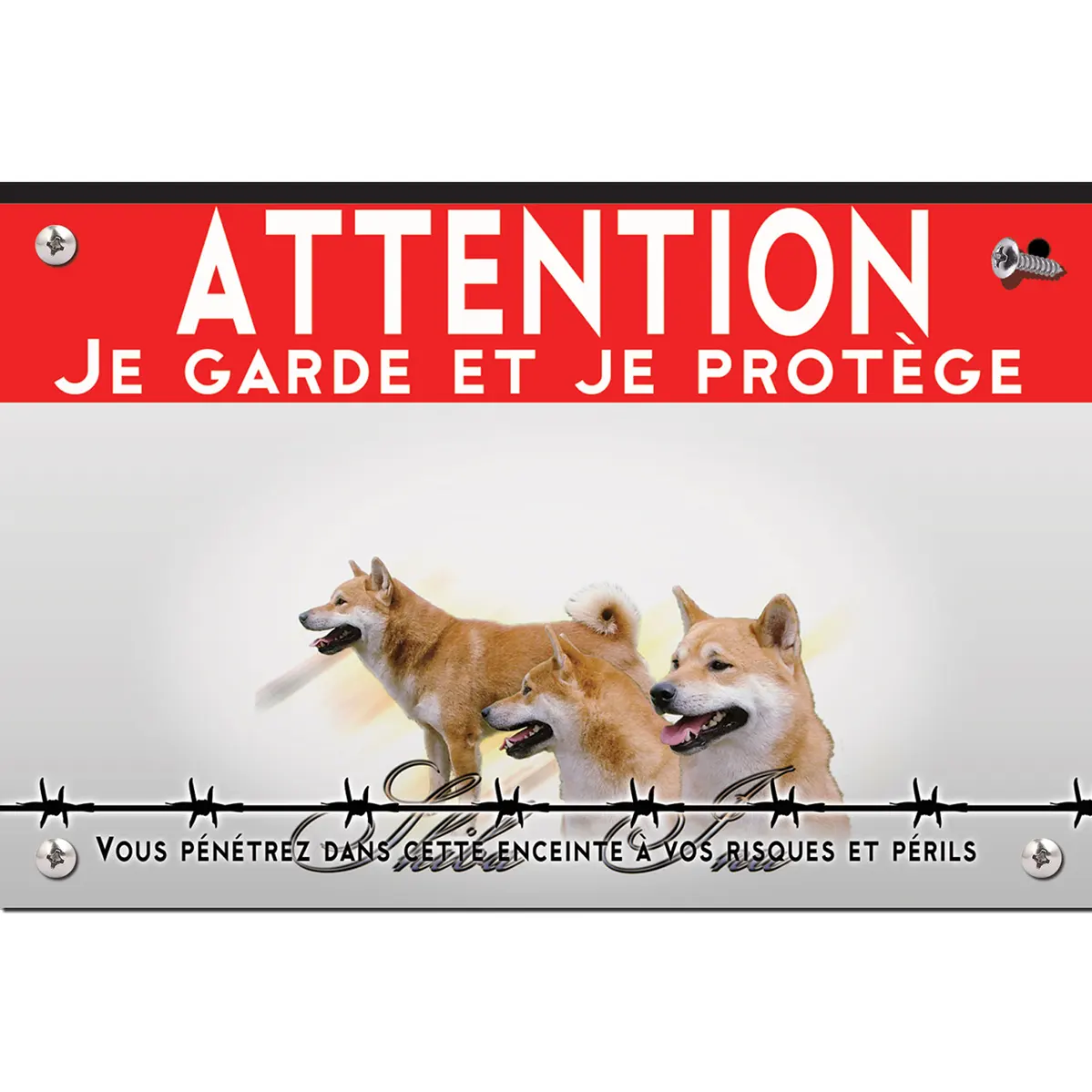 Signalisation personnalisee Trois Shiba Inu sur un fond flou