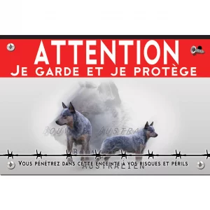 Signalisation personnalisee Deux Bouvier Australiens en pose avec le texte Bouvier Australien