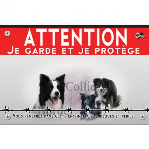 Signalisation personnalisee Trois Border Collies sur un fond verdoyant.
