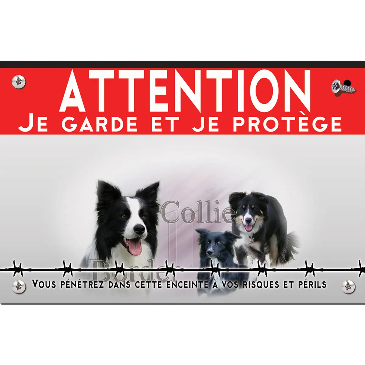 Signalisation personnalisee Trois Border Collies sur un fond verdoyant.