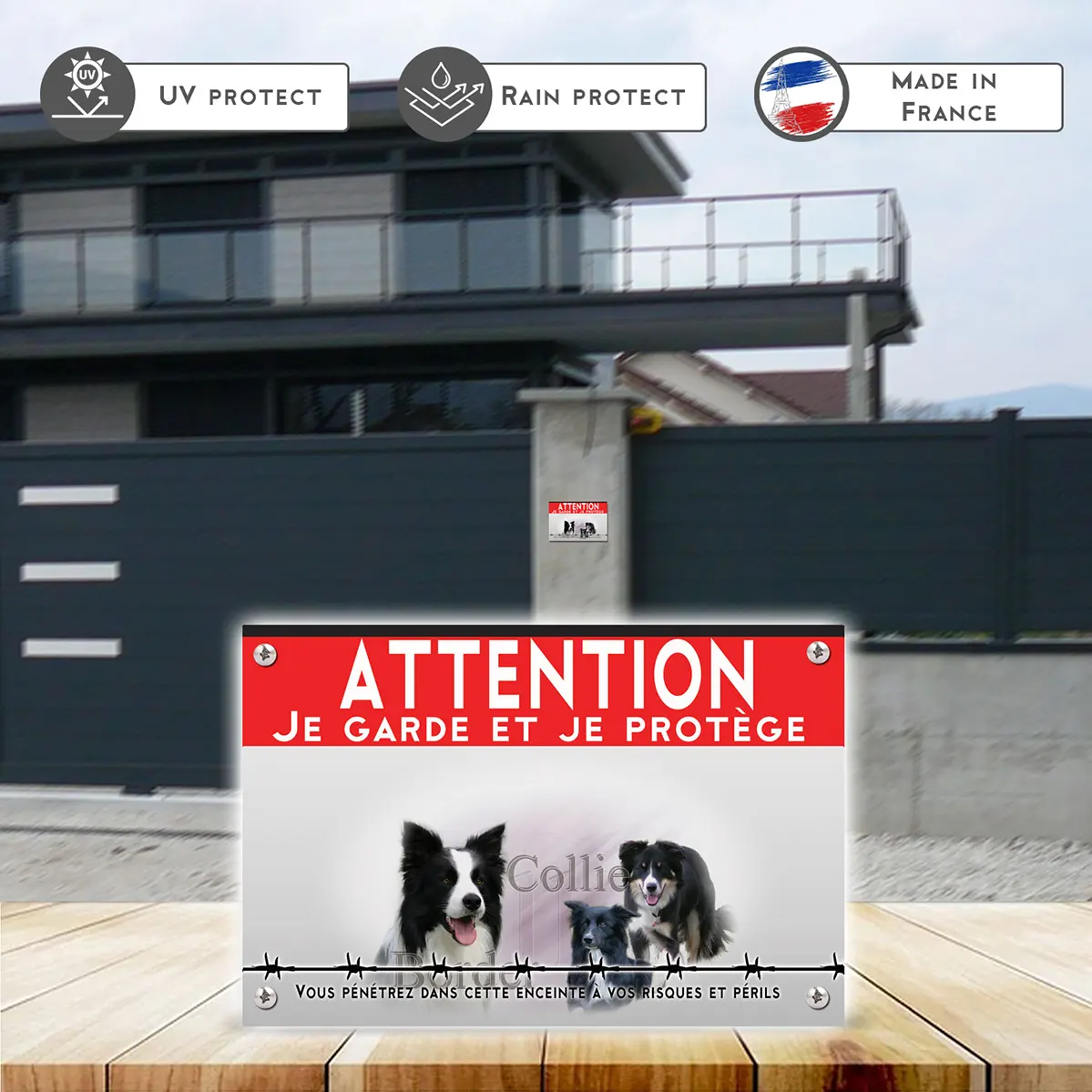 Grande pancarte Trois Border Collies sur un fond verdoyant.