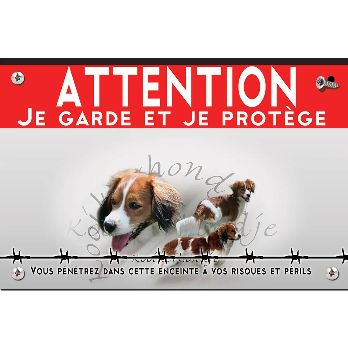 Signalisation personnalisee Trois Kooikerhondjes en mouvement avec un texte en bas