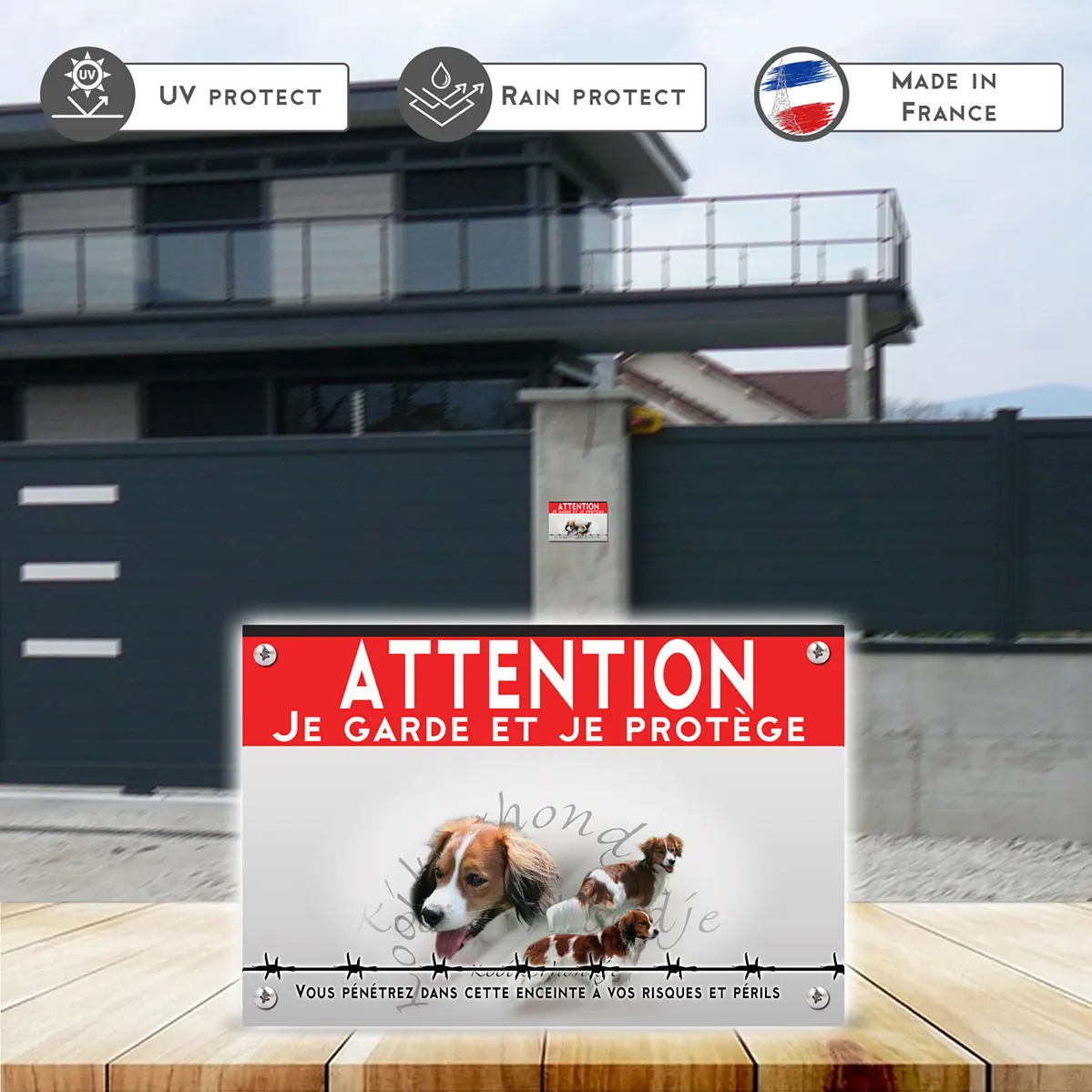 Grande pancarte Trois Kooikerhondjes en mouvement avec un texte en bas