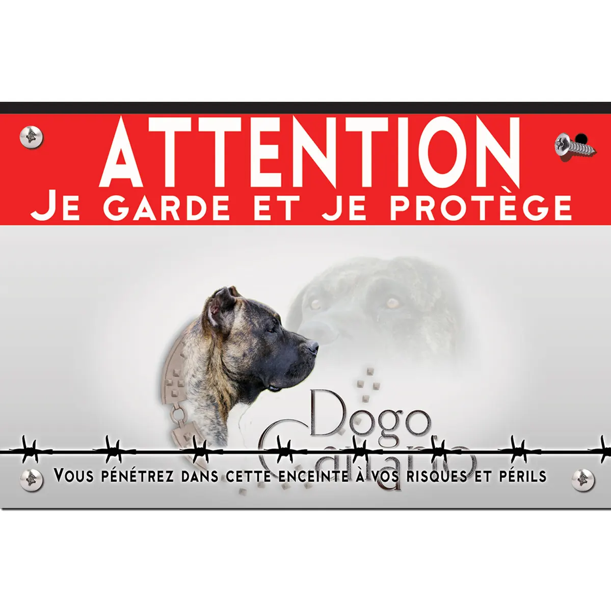 Signalisation personnalisee Dogo Canario en profil avec un fond stylisé