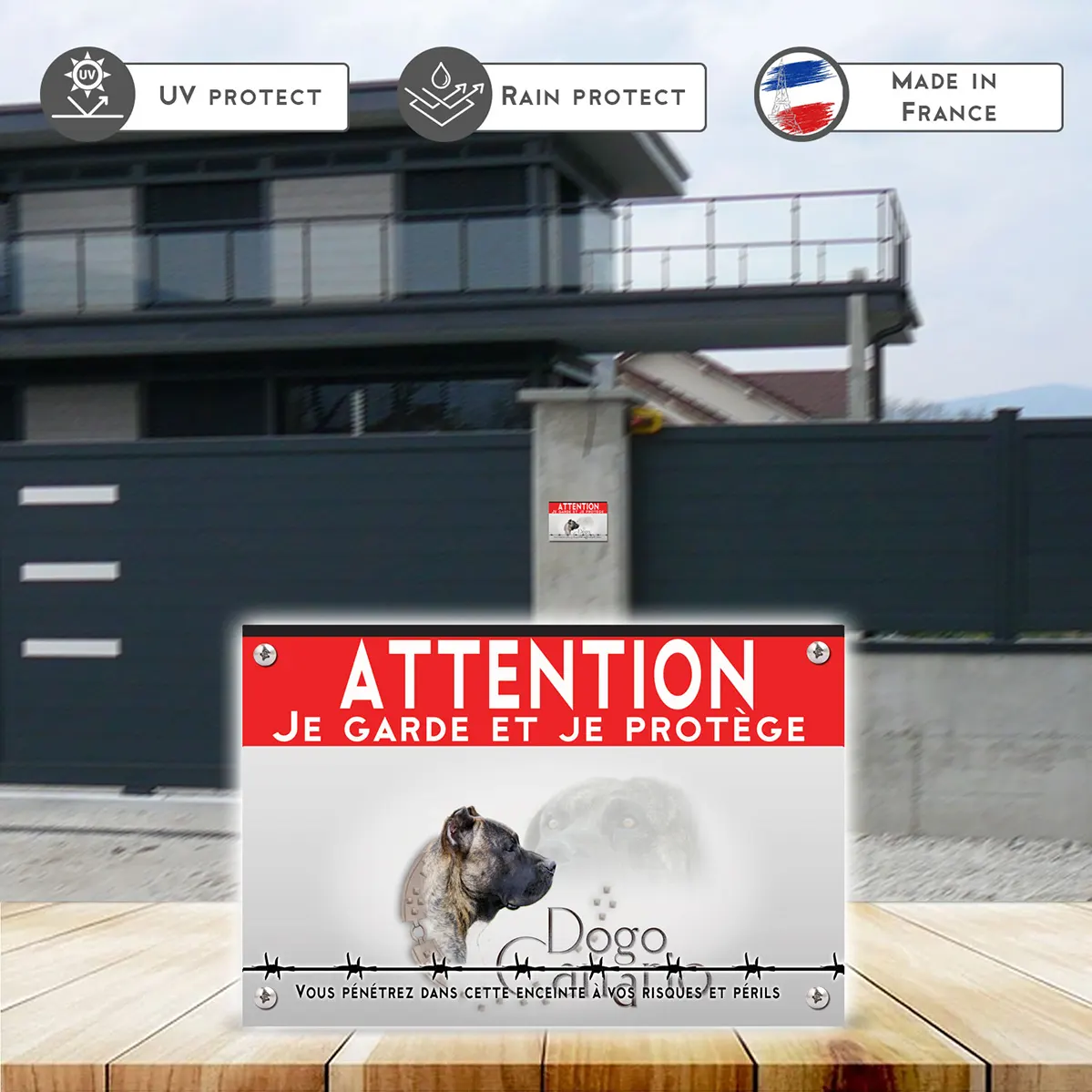 Grande pancarte Dogo Canario en profil avec un fond stylisé