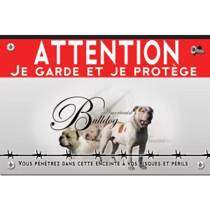 Signalisation personnalisee Trois American Bulldogs se tenant ensemble avec texte.