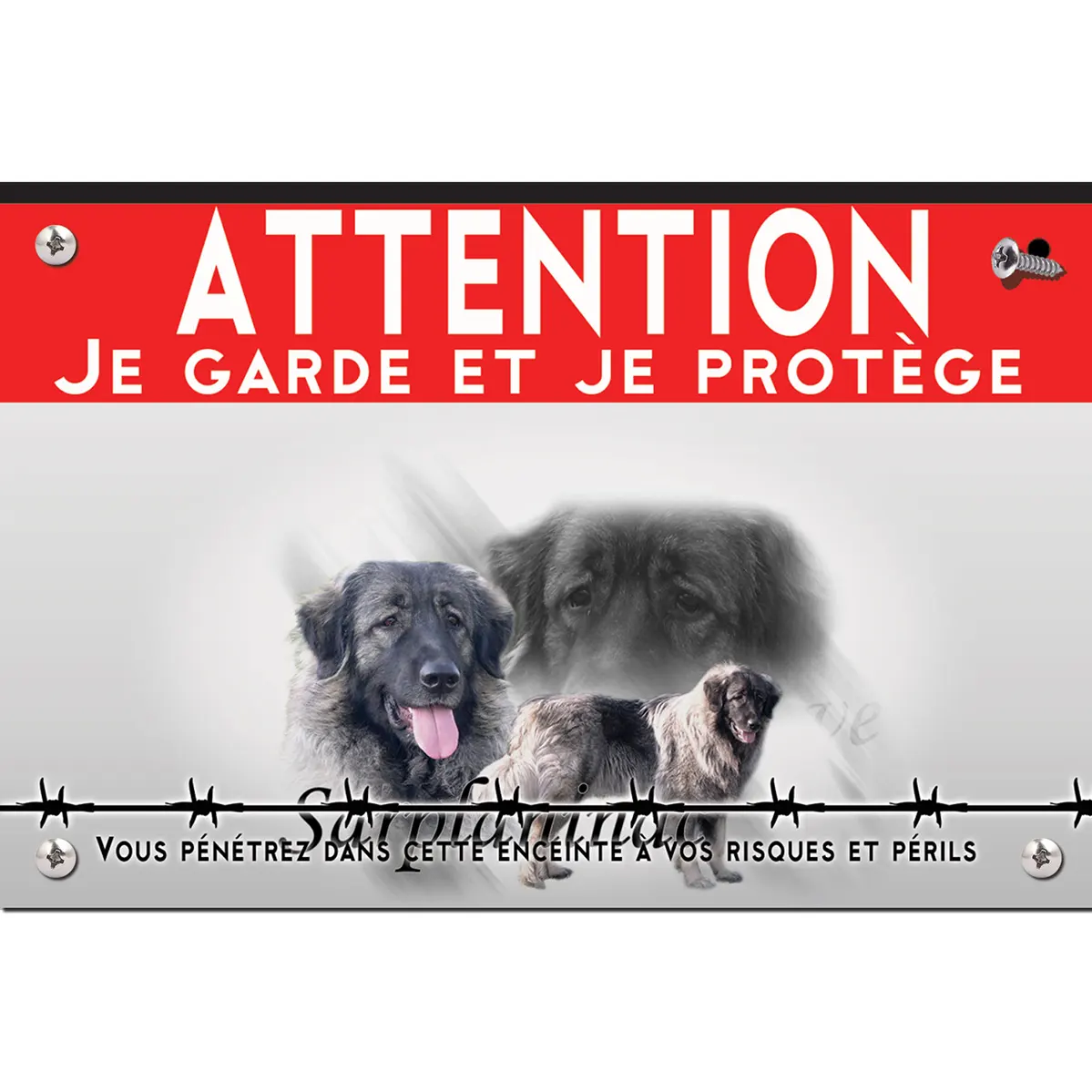 Signalisation personnalisee Chien Sarplaninac avec un gros plan sur la tête et un profil