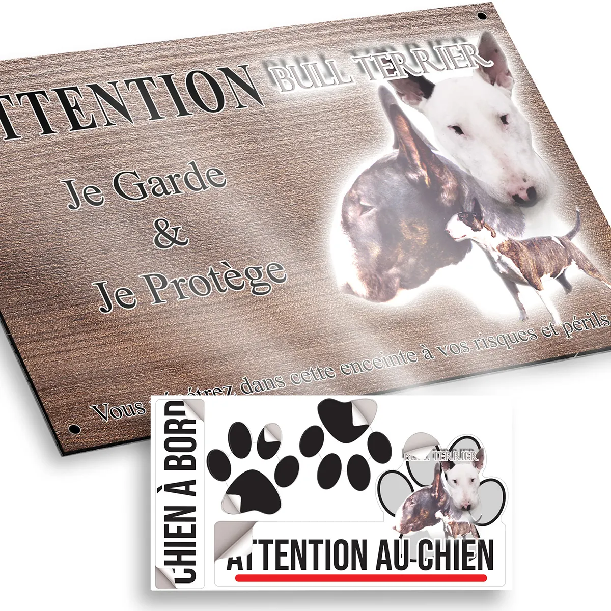 plaque attention au chien Visuels de Bull Terrier avec plusieurs chiens