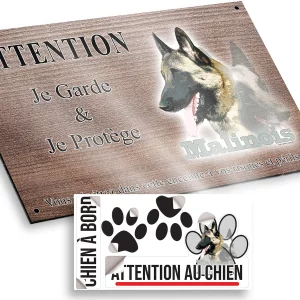 plaque attention au chien Portrait de deux Malinois avec leur langue sortie
