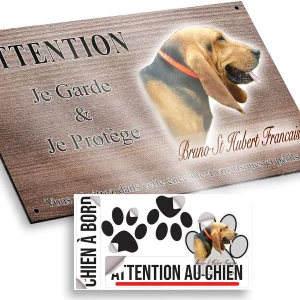 plaque attention au chien Profil d'un Bruno St Hubert Français avec collerette orange