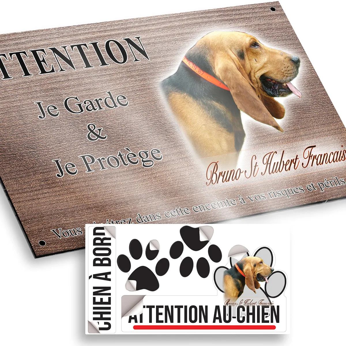 plaque attention au chien Profil d'un Bruno St Hubert Français avec collerette orange
