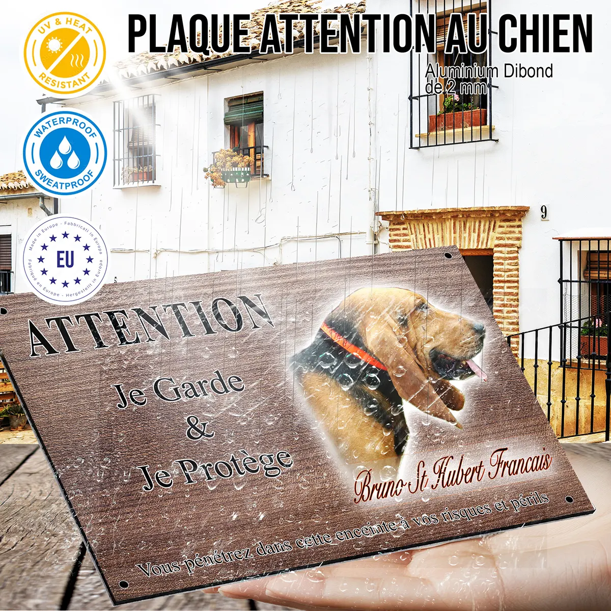 panneau attention au chien Profil d'un Bruno St Hubert Français avec collerette orange
