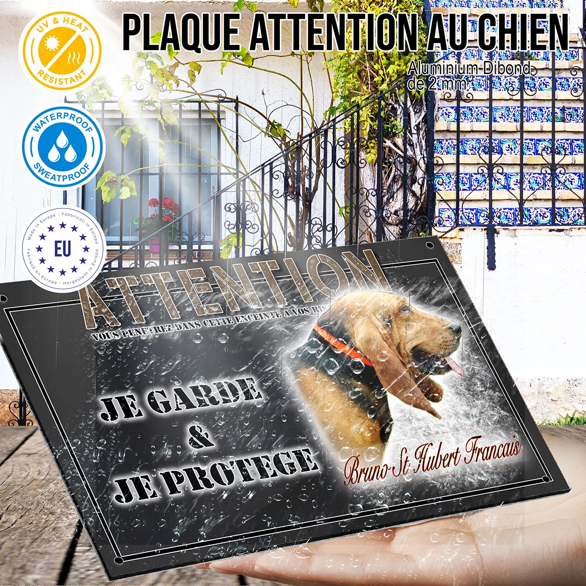 panneau chien de garde Profil d'un Bruno St Hubert Français avec collerette orange